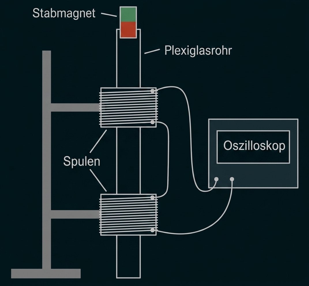 Schematische Skizze: Stabmagnet im Plexiglasrohr, zwei Spulen angeschlossen an ein Oszilloskop.