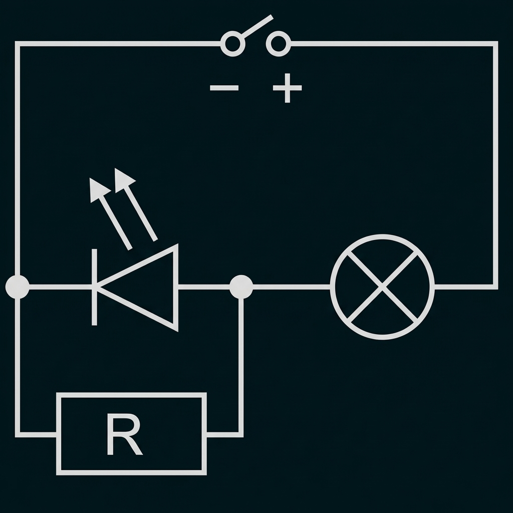 Einfacher Schaltplan mit Batterie, Leuchtdiode (Pfeile), Widerstand R und Lampe.