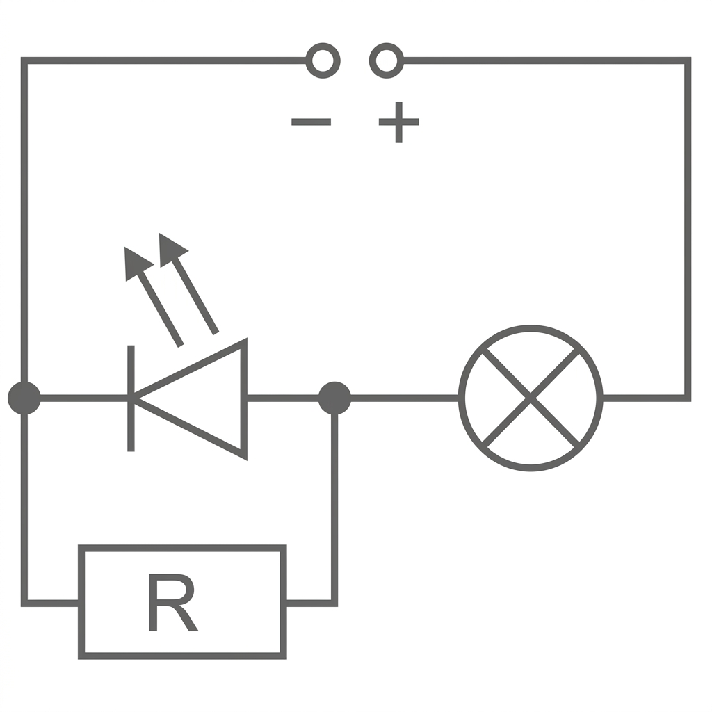 Einfacher Schaltplan mit Batterie, Leuchtdiode (Pfeile), Widerstand R und Lampe.