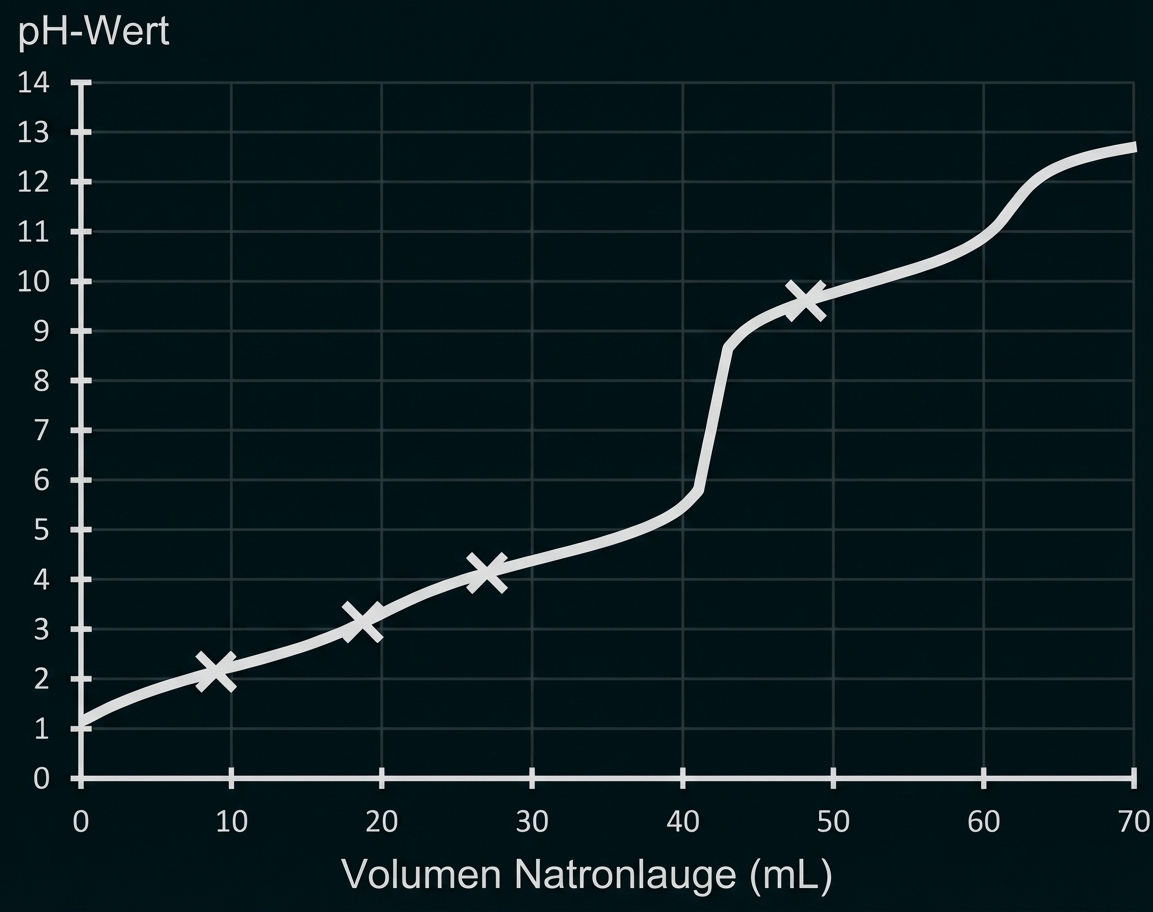 Diagramm: pH-Wert gegen Volumen Natronlauge (mL), ansteigende Titrationskurve mit markierten Messpunkten