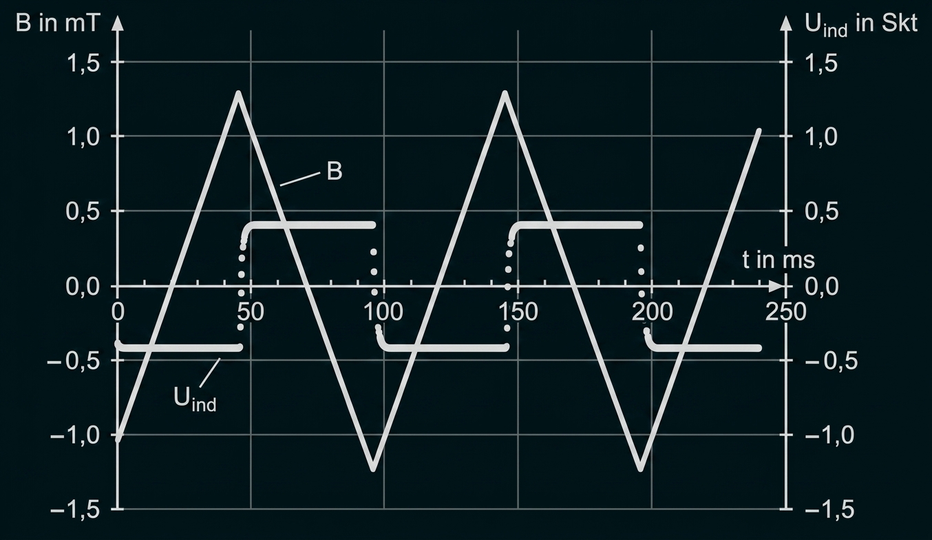 Diagramm mit magnetischer Flussdichte B und Induktionsspannung Uind über der Zeit.