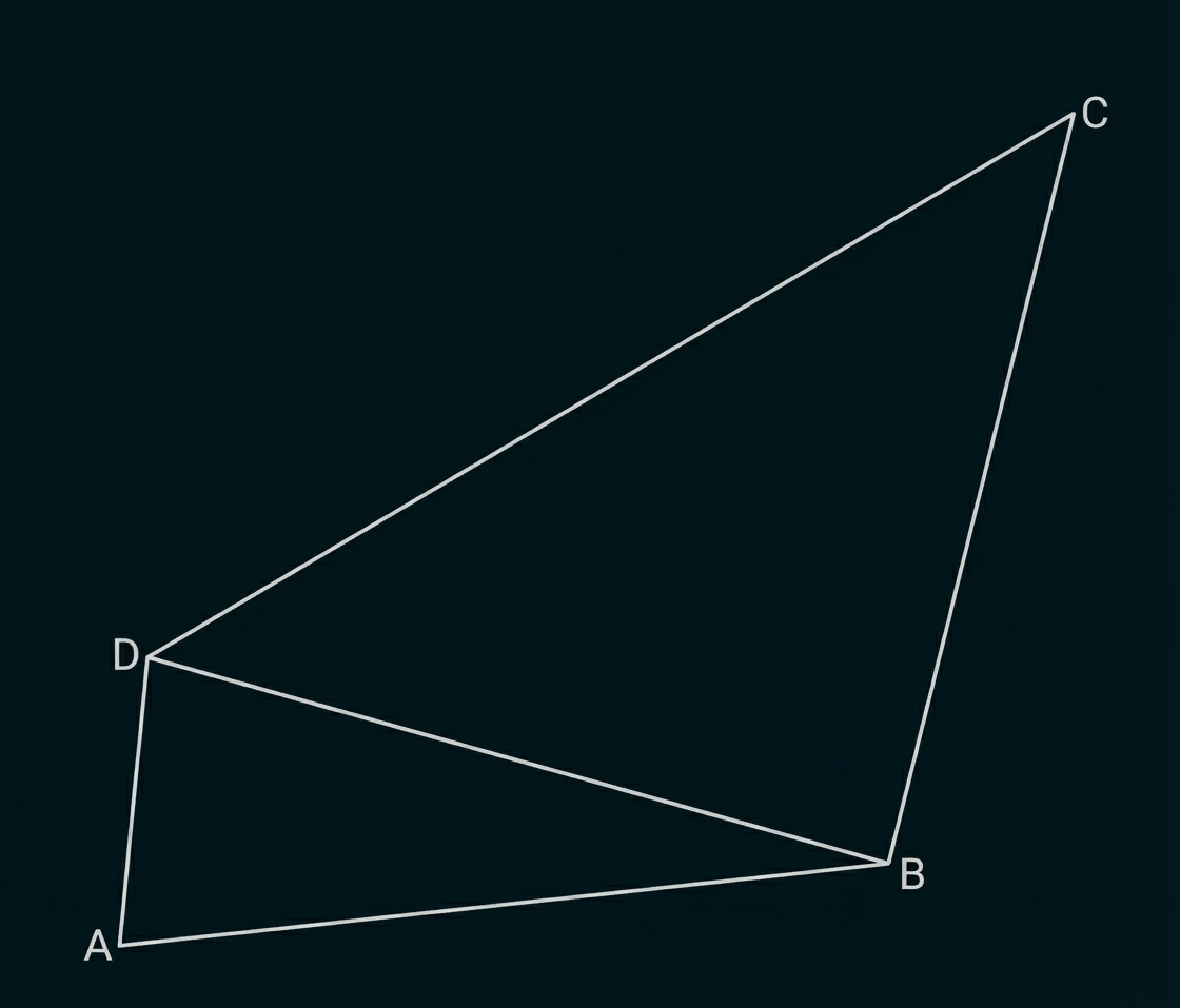 Skizze eines Vierecks ABCD mit Diagonale DB