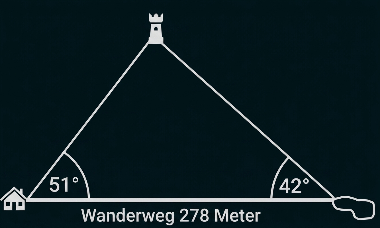 Skizze eines Dreiecks mit Winkelangaben, Wanderweg 278 Meter und Haus- sowie Felsymbolen