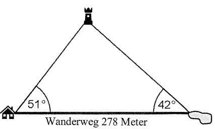 Skizze eines Dreiecks mit Winkelangaben, Wanderweg 278 Meter und Haus- sowie Felsymbolen