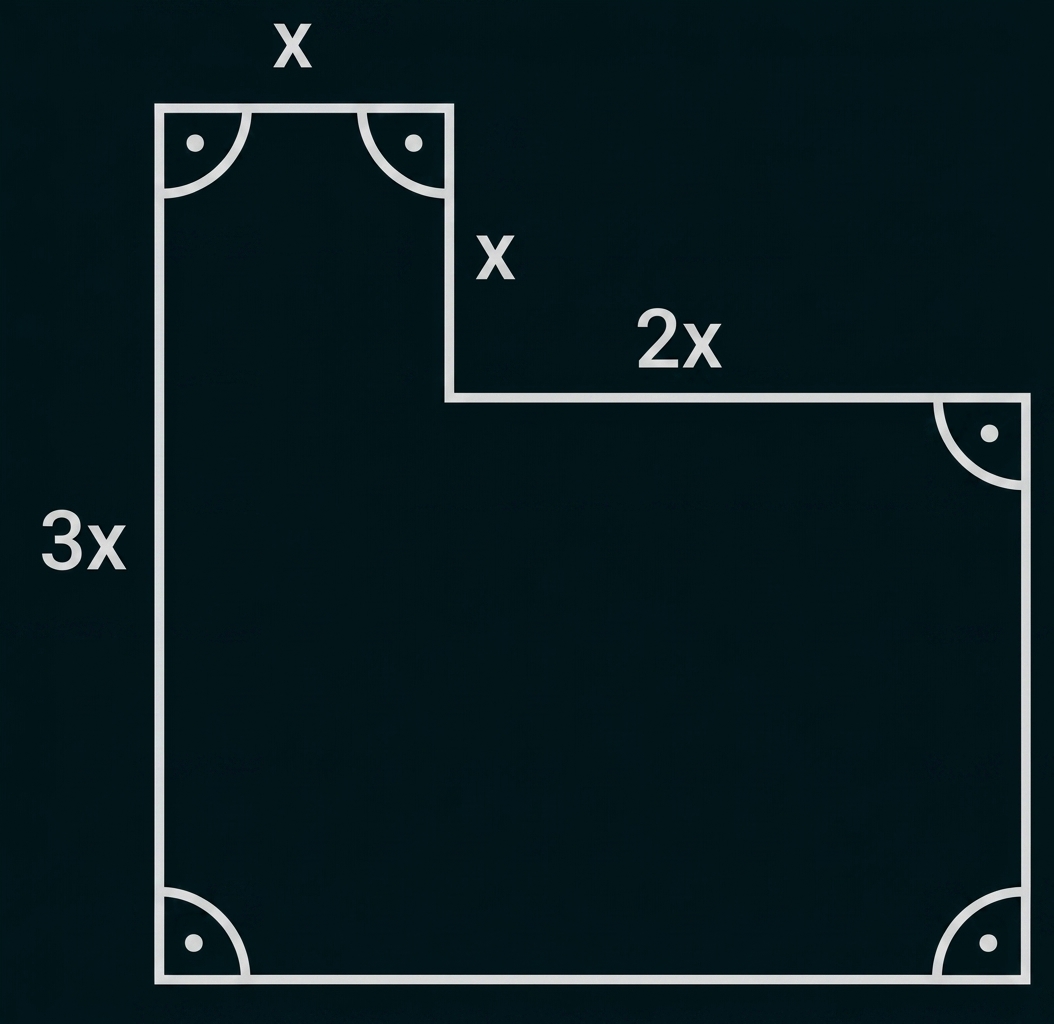 Geometrische Figur mit markierten Seitenlängen und rechten Winkeln.
