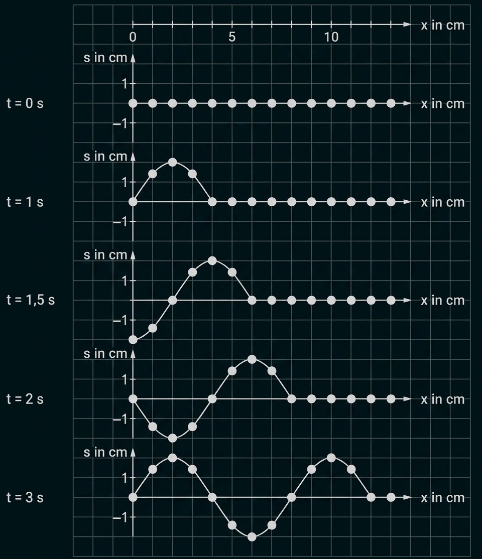 Wellenprofil-Diagramm: Punkte auf Gitternetz zeigen Auslenkung s (cm) entlang x bei t=0, 1, 1.5, 2 und 3 s.