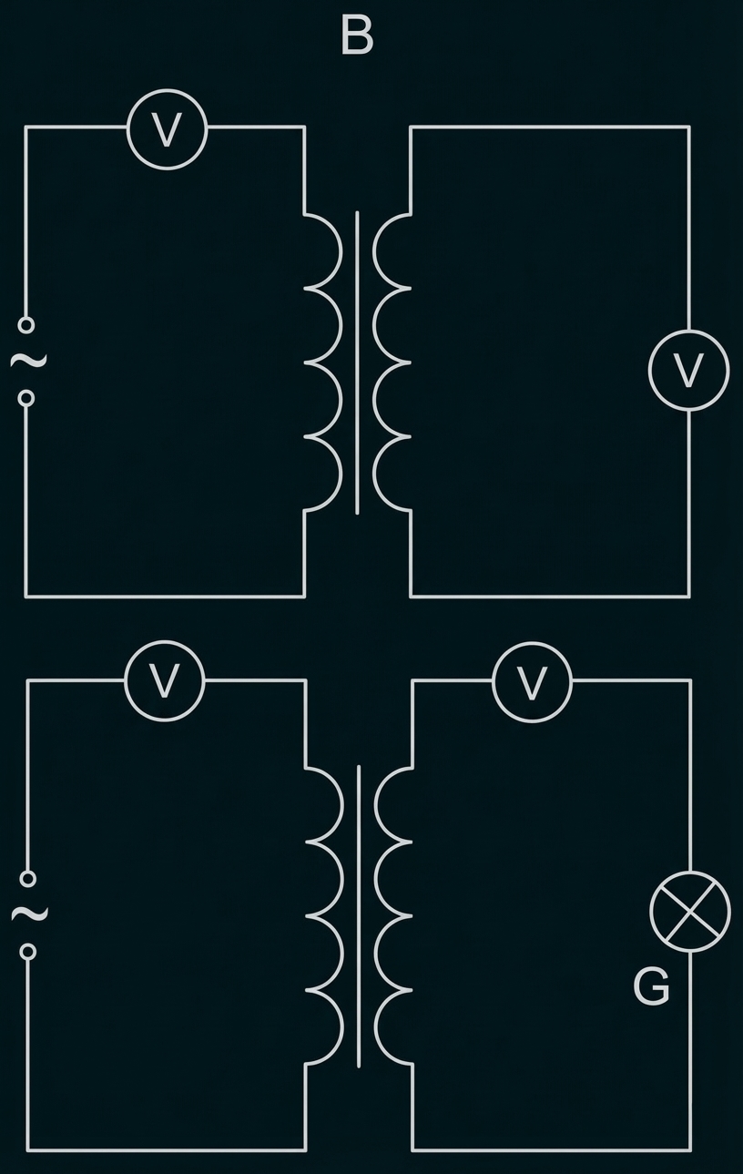 Schaltbilder von zwei Transformatoren mit Spannungsquelle, Voltmeter und einer Glühlampe