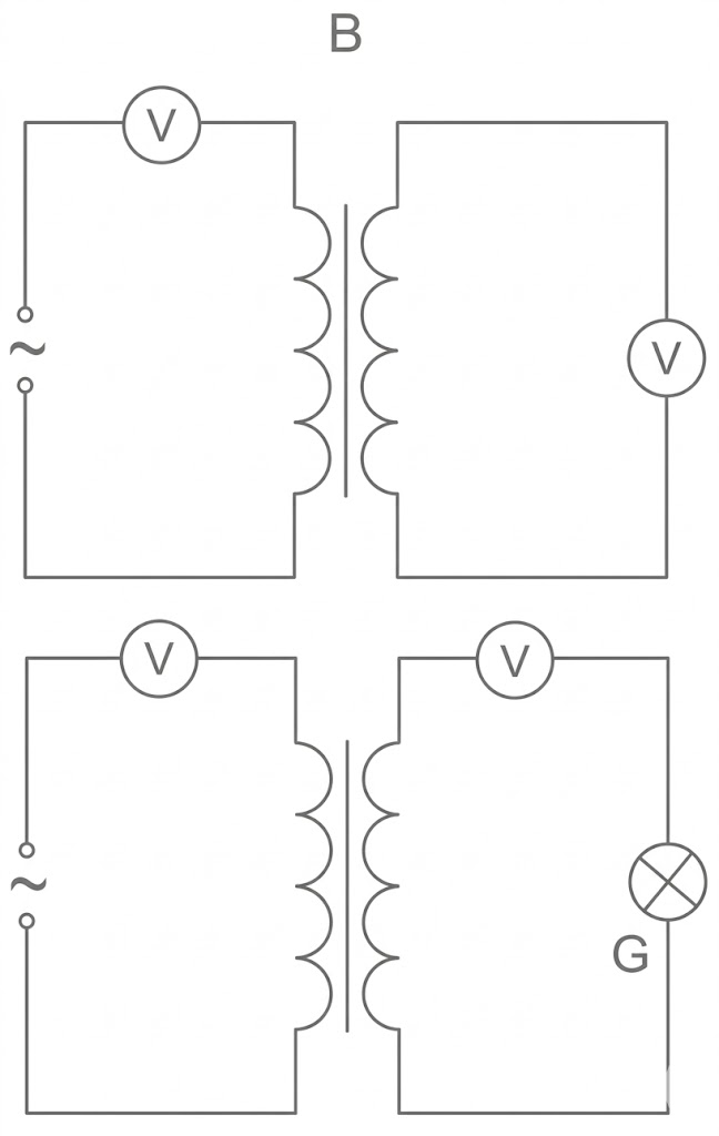 Schaltbilder von zwei Transformatoren mit Spannungsquelle, Voltmeter und einer Glühlampe