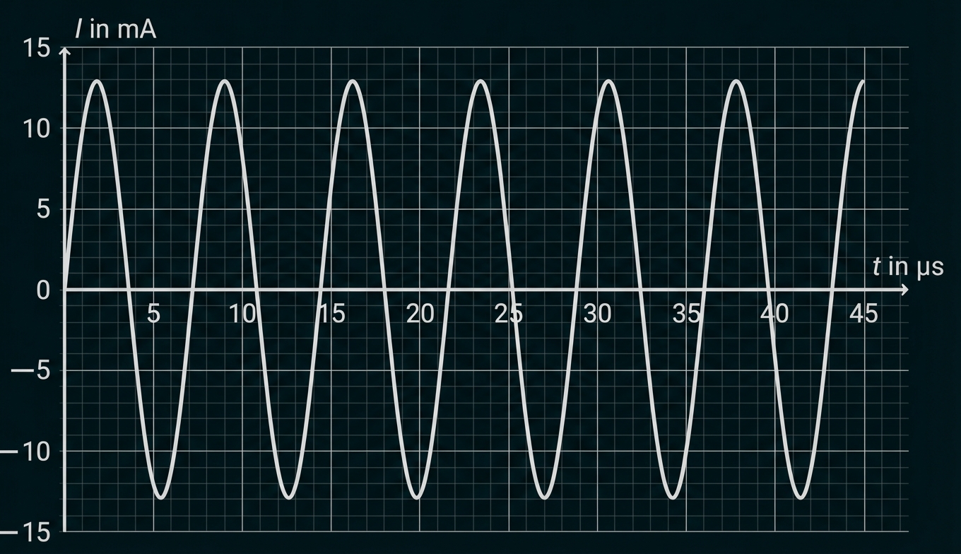 Sinusförmige Stromkurve (I in mA) über Zeit (t in µs) auf kariertem Millimeterpapier