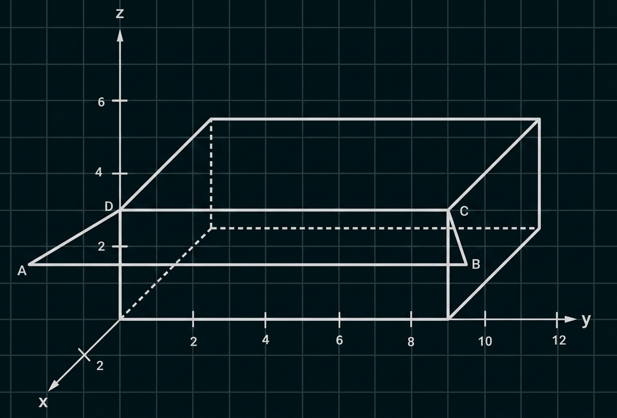 3D-Quader auf Gitternetz mit beschrifteten Punkten A, B, C, D und x,y,z-Achsen