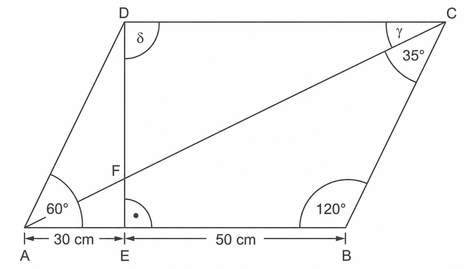 Schlichte geometrische Zeichnung: schiefes Viereck A-D mit E, F, Strecken 30 cm, 50 cm, Diagonale und Winkel 60°, 120°, 35°