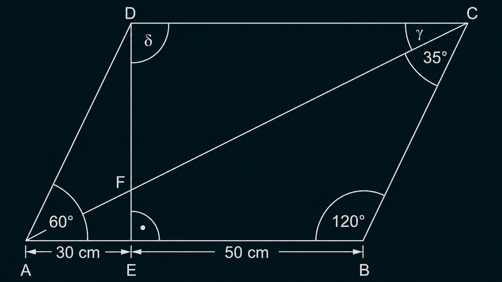 Schlichte geometrische Zeichnung: schiefes Viereck A-D mit E, F, Strecken 30 cm, 50 cm, Diagonale und Winkel 60°, 120°, 35°