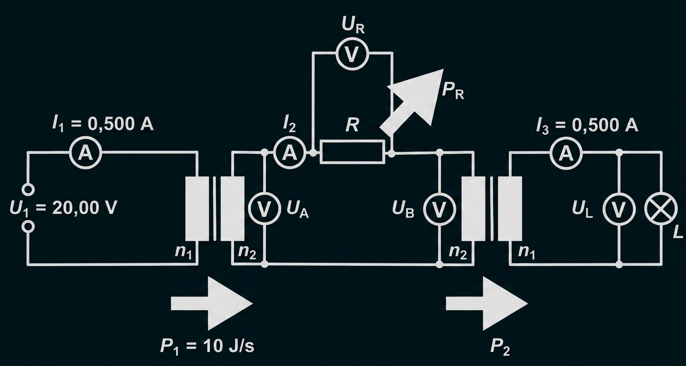 Elektrisches Schaltbild mit Transformatoren, Amperemeter, Voltmetern, Widerstand und Leistungspfeilen.