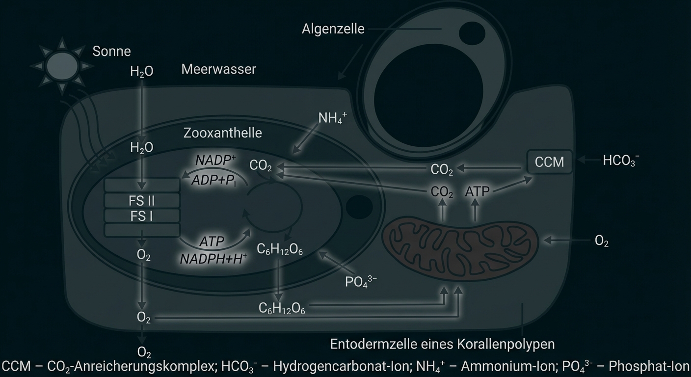 Vereinfachtes Schema zum Stoffwechsel einer Korallenpolypzelle