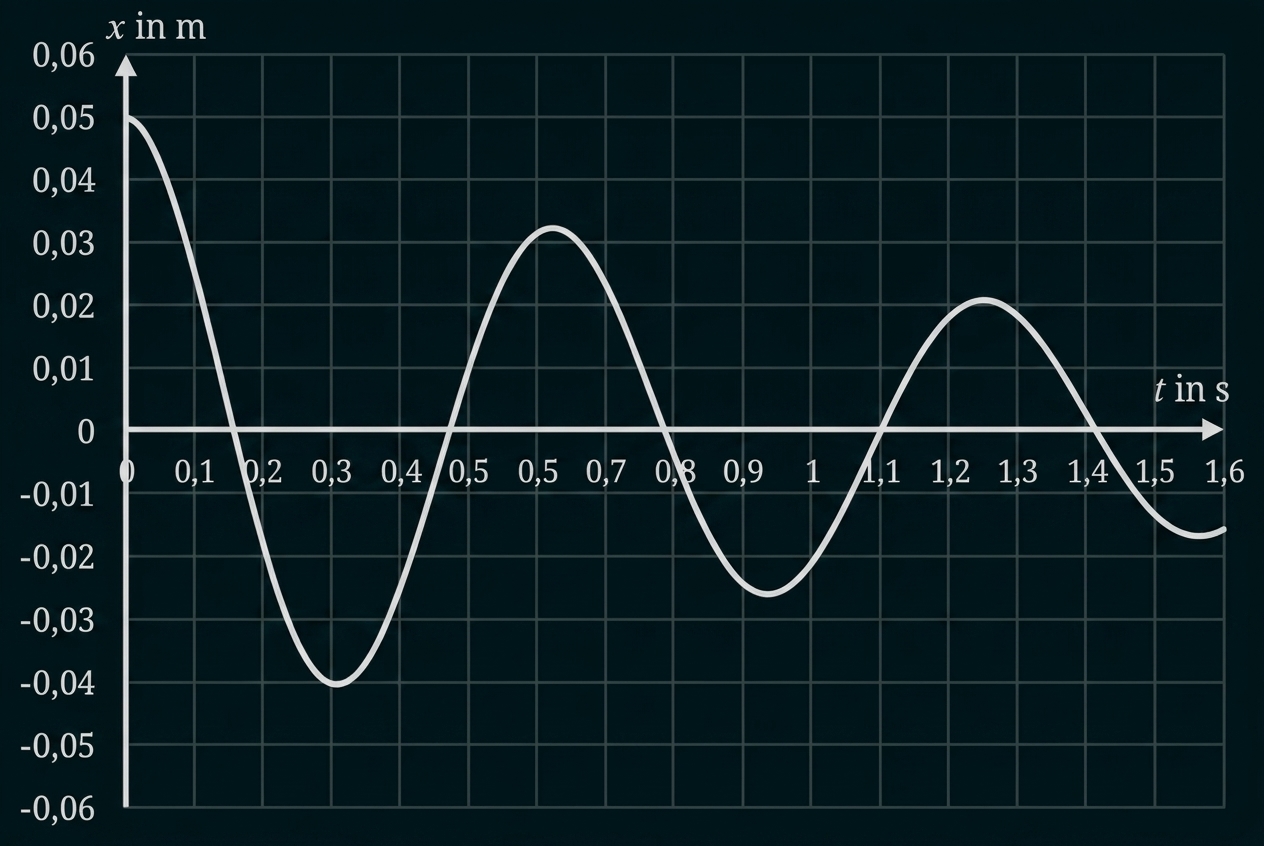 Diagramm: gedämpfte Schwingung x (m) gegen t (s) mit abklingender Amplitude.