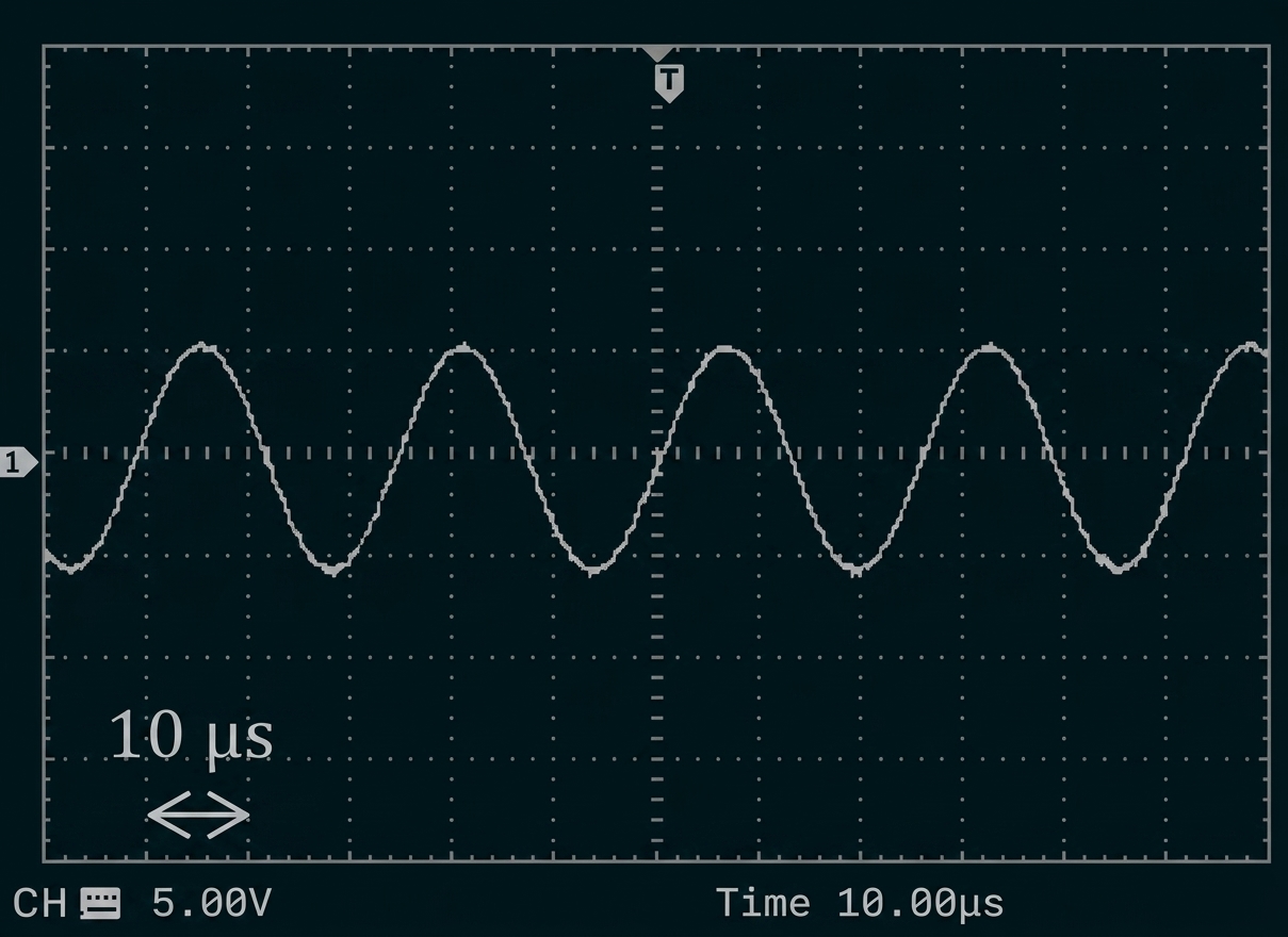 Oszilloskopbild mit sinusförmigem Signal und Zeit-/Spannungsskala