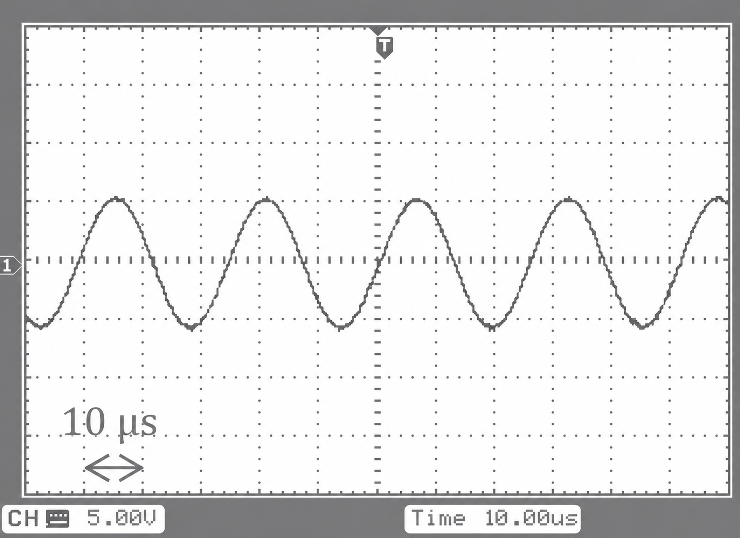 Oszilloskopbild mit sinusförmigem Signal und Zeit-/Spannungsskala