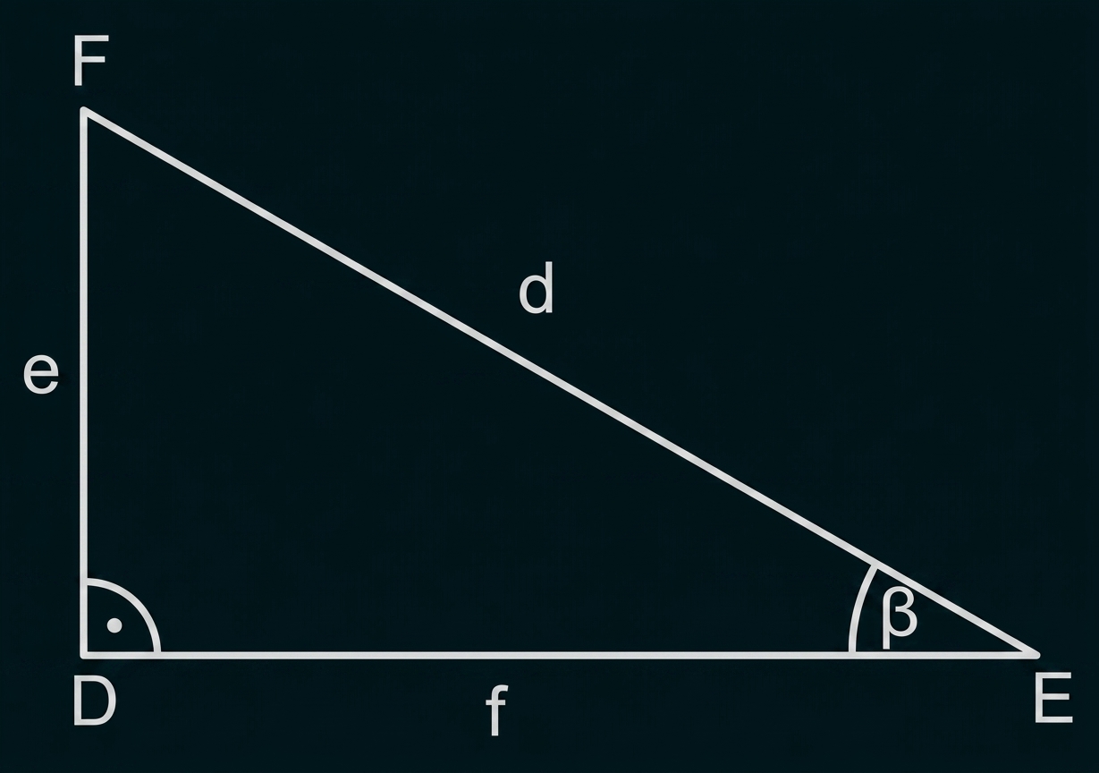 Geometrische Skizze: rechtwinkliges Dreieck DEF mit Seiten d, e, f und markiertem Winkel β am Punkt E.