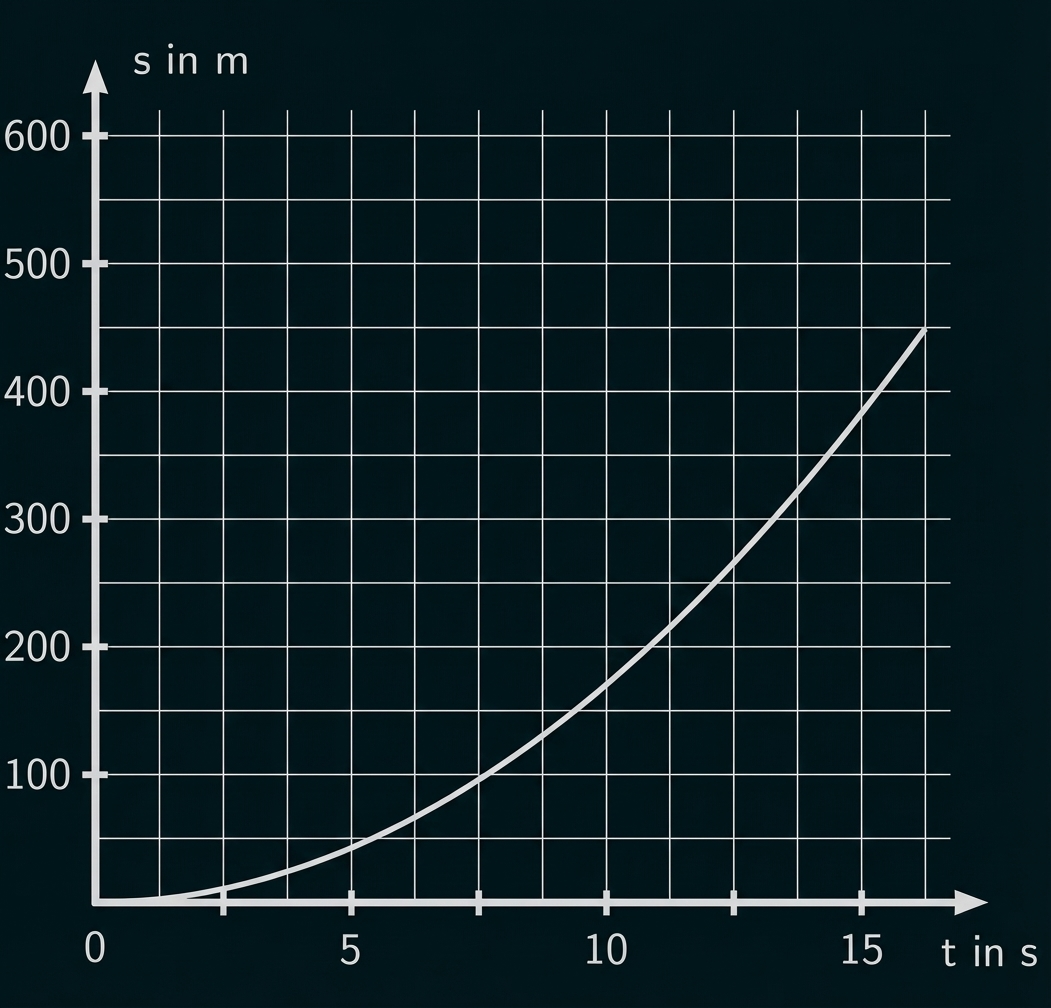Koordinatensystem mit Gitter und nach oben beschleunigter Kurve, x-Achse: t in s, y-Achse: s in m.