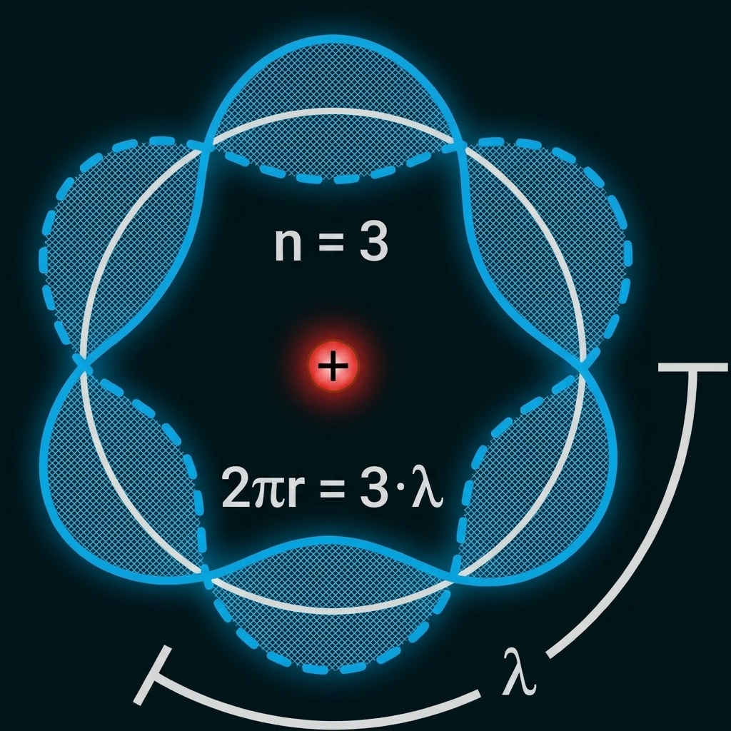 Schematische Grafik: kreisförmige stehende Wellen n=3, 2πr=3·λ, blau schraffierte Lappen und rotes Pluszeichen in der Mitte
