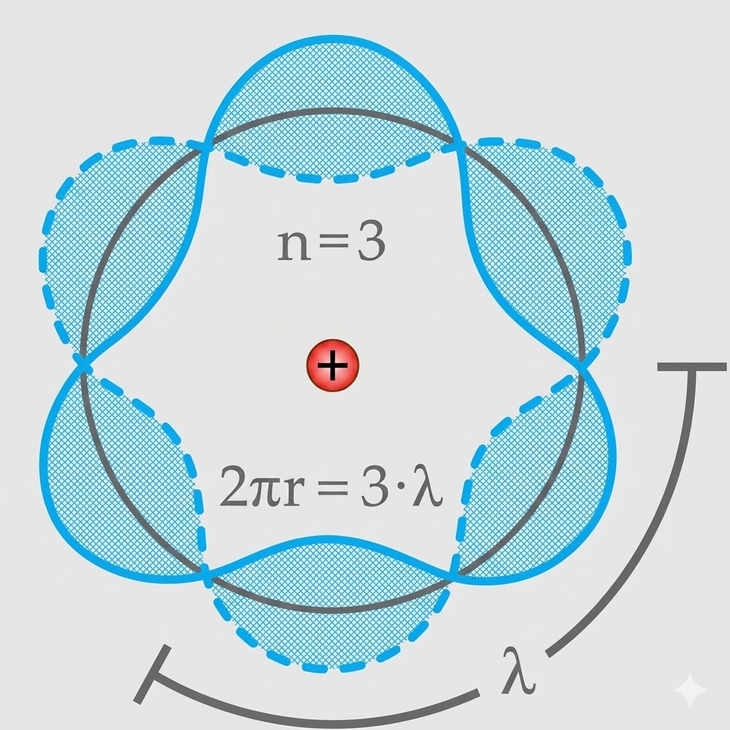 Schematische Grafik: kreisförmige stehende Wellen n=3, 2πr=3·λ, blau schraffierte Lappen und rotes Pluszeichen in der Mitte