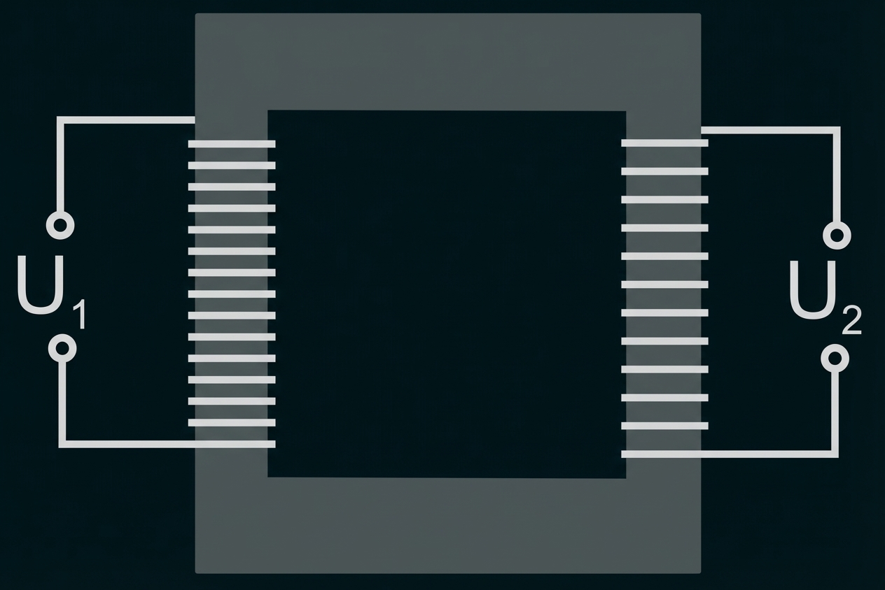 Schematische Grafik eines Transformators mit Eisenkern und zwei Wicklungen, Anschlüsse U1 und U2.