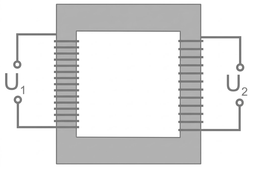 Schematische Grafik eines Transformators mit Eisenkern und zwei Wicklungen, Anschlüsse U1 und U2.