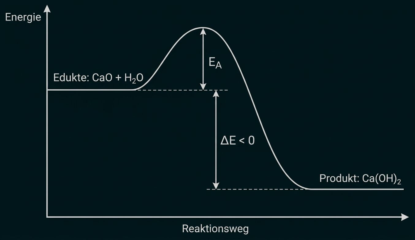 Energiediagramm der exothermen Reaktion von Calciumoxid und Wasser zu Calciumhydroxid mit Aktivierungsenergie.
