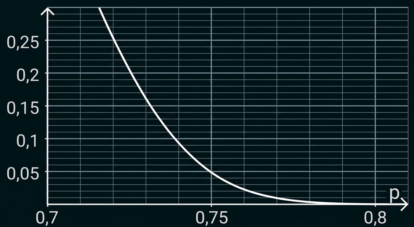 Koordinatensystem mit einer fallenden Kurve, die bei p = 0,75 etwa 0,05 erreicht.