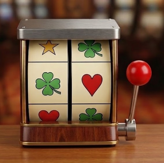 Mechanische Spielautomat mit Symbolen und rotem Hebel