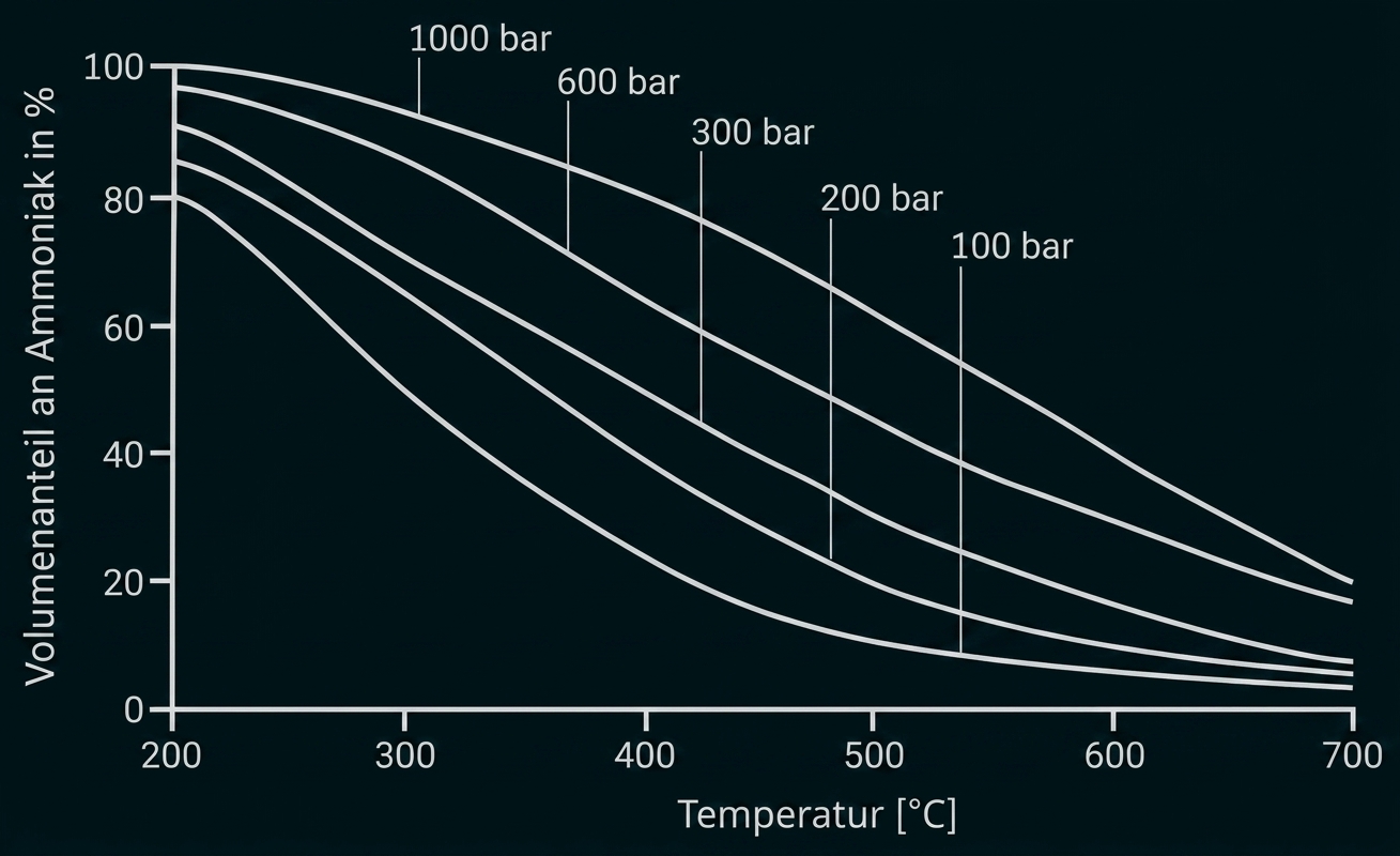 Diagramm: Volumenanteil von Ammoniak (%) über Temperatur (°C), mehrere Kurven für verschiedene Drücke (100–1000 bar)