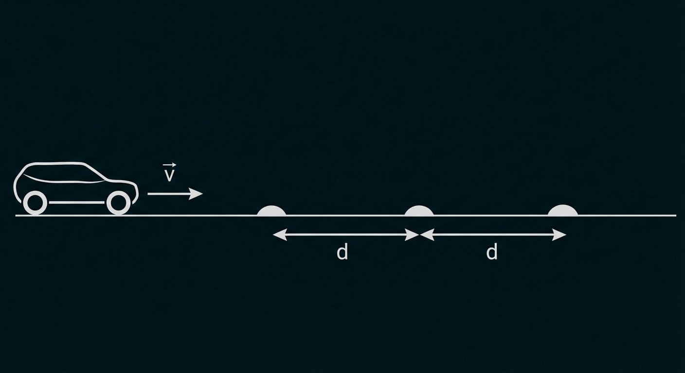 Skizze: Auto fährt nach rechts auf Straße mit drei Bodenwellen im Abstand d; Pfeil markiert Geschwindigkeit v