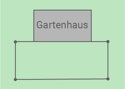 Grafische Darstellung eines Gartenhauses mit beschriftetem Rechteck auf grünem Hintergrund.