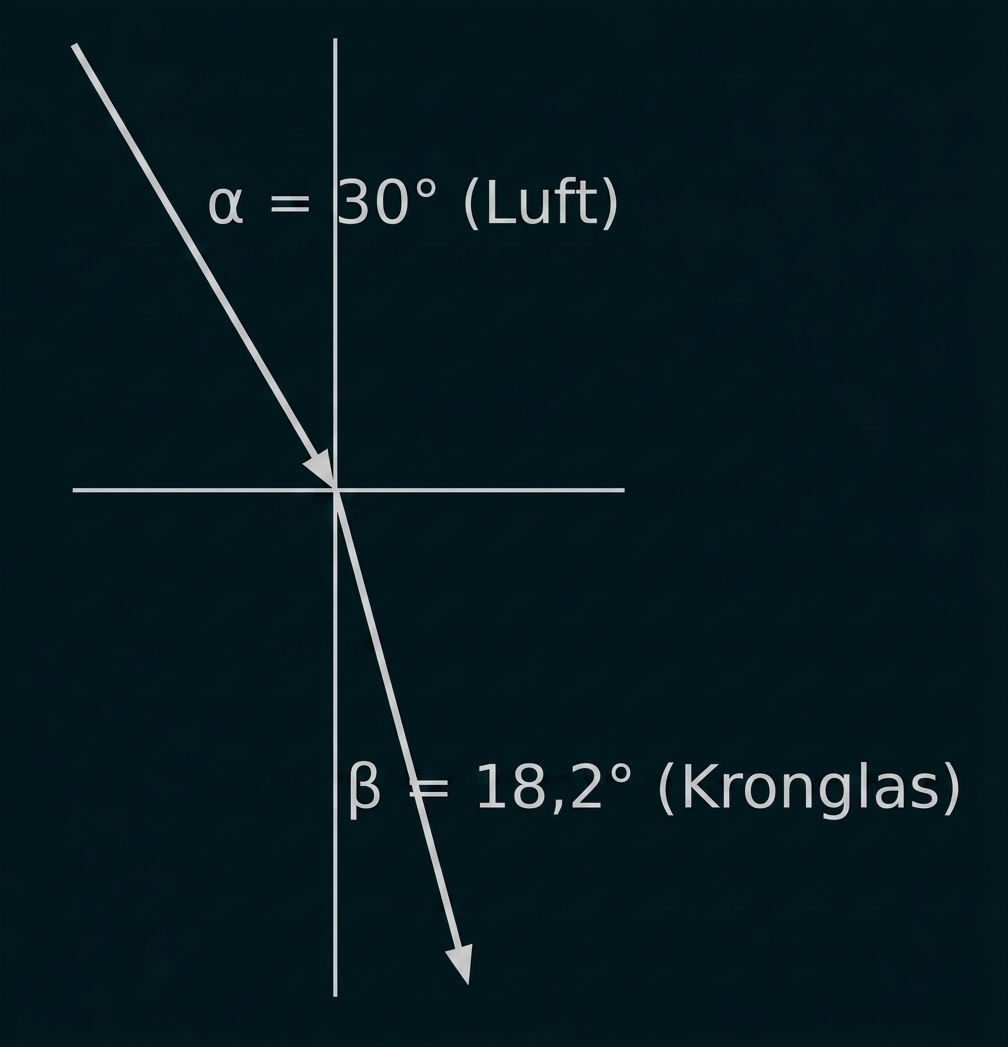 Brechung eines Lichtstrahls an einer Grenzfläche mit Winkeln α = 30° und β = 18,2°
