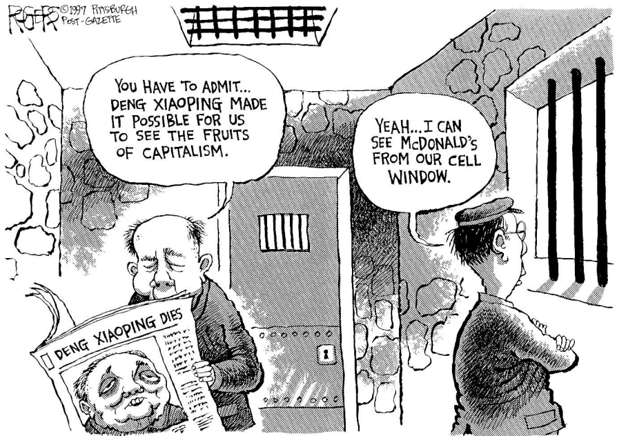 Karikatur: Zwei Gefangene in Zelle, einer liest Zeitung mit Todesmeldung, beide blicken durch Gitter auf ein Fast-Food-Restaurant.