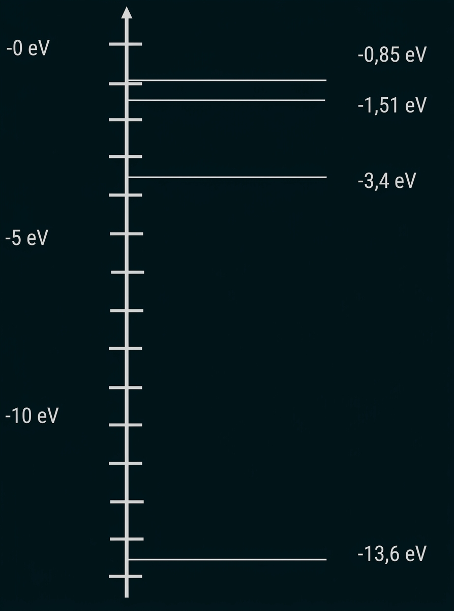 Energie-Niveau-Diagramm mit markierten Linien bei -0,85 eV, -1,51 eV, -3,4 eV und -13,6 eV