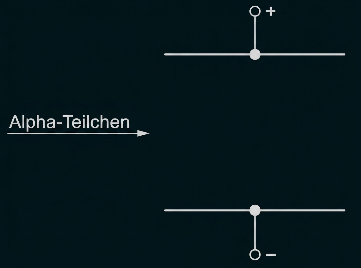 Alpha-Teilchen-Pfeil nach rechts, oben + Ladung, unten − Ladung an horizontalen Leitern