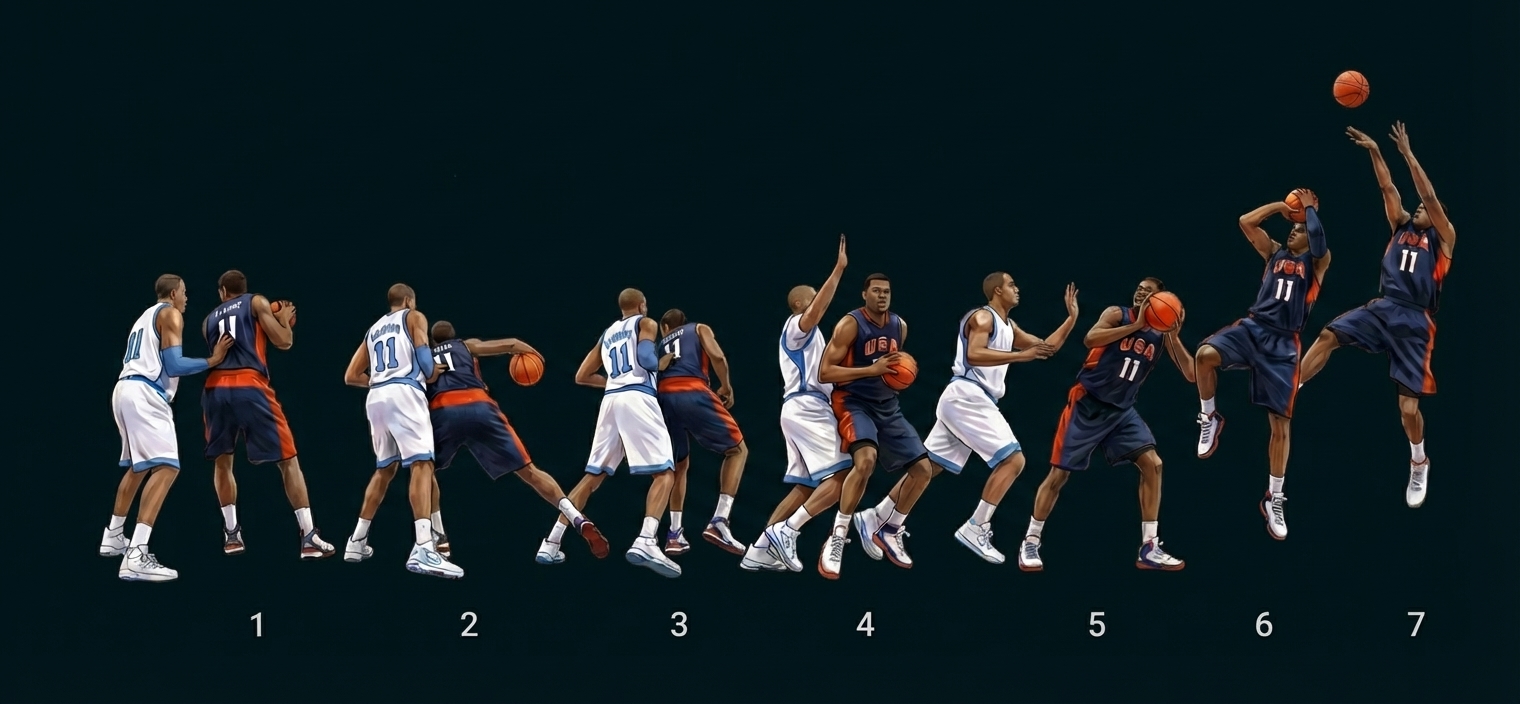 Illustration: Basketball-Sequenz mit zwei Spielern in sieben Phasen beim Dribbeln, Blocken und Werfen