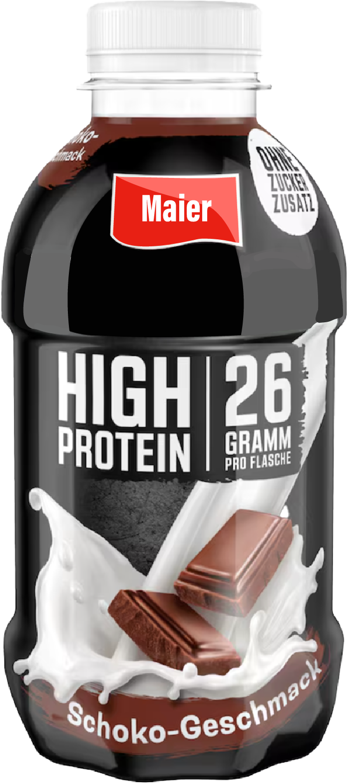 Proteinshake mit Schokoladengeschmack, 26 Gramm Protein pro Flasche, ohne Zuckerzusatz.
