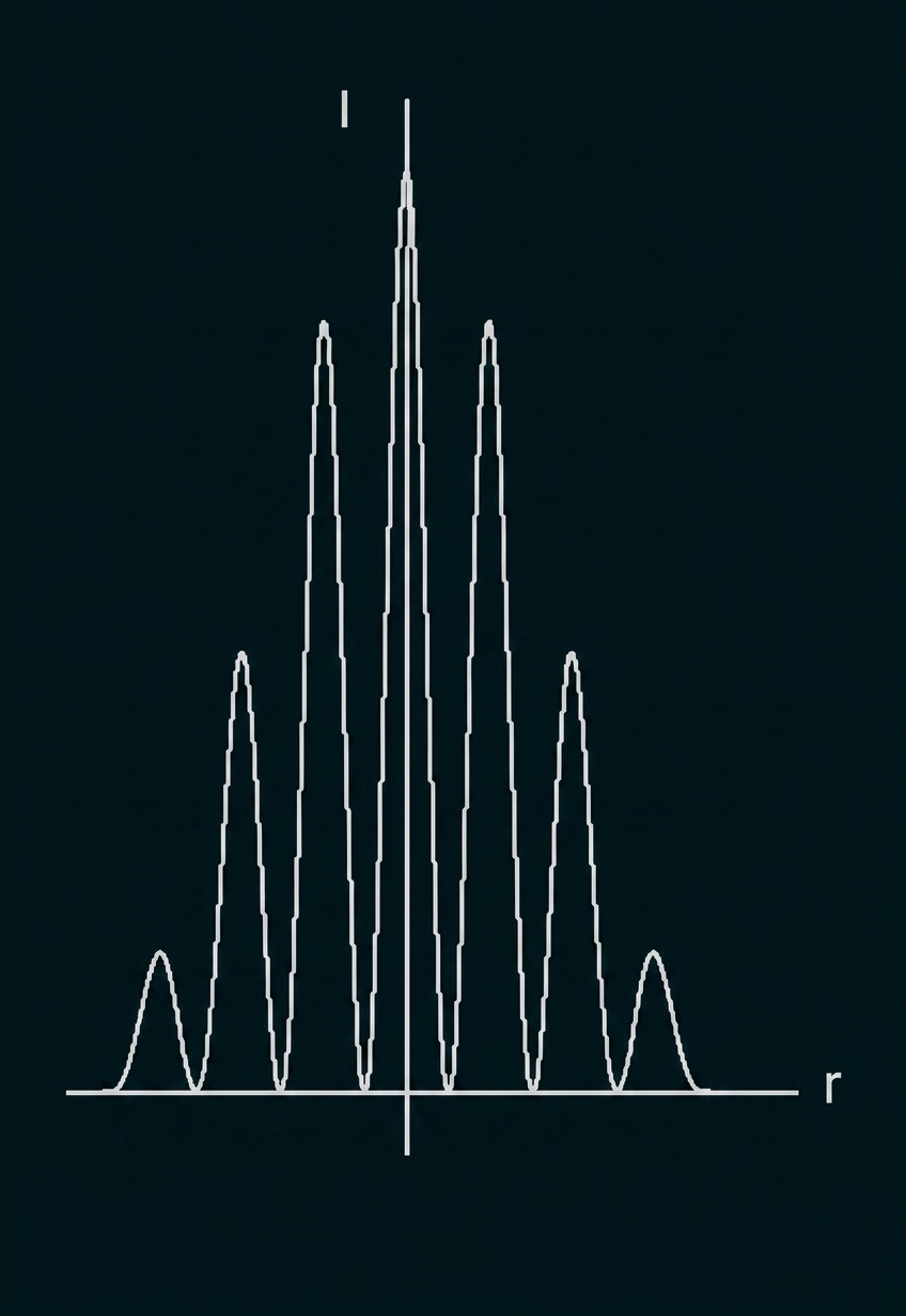 Qualitatives I(r)-Diagramm mit zentralem Maximum und drei symmetrischen, nach außen abnehmenden Maxima auf jeder Seite.