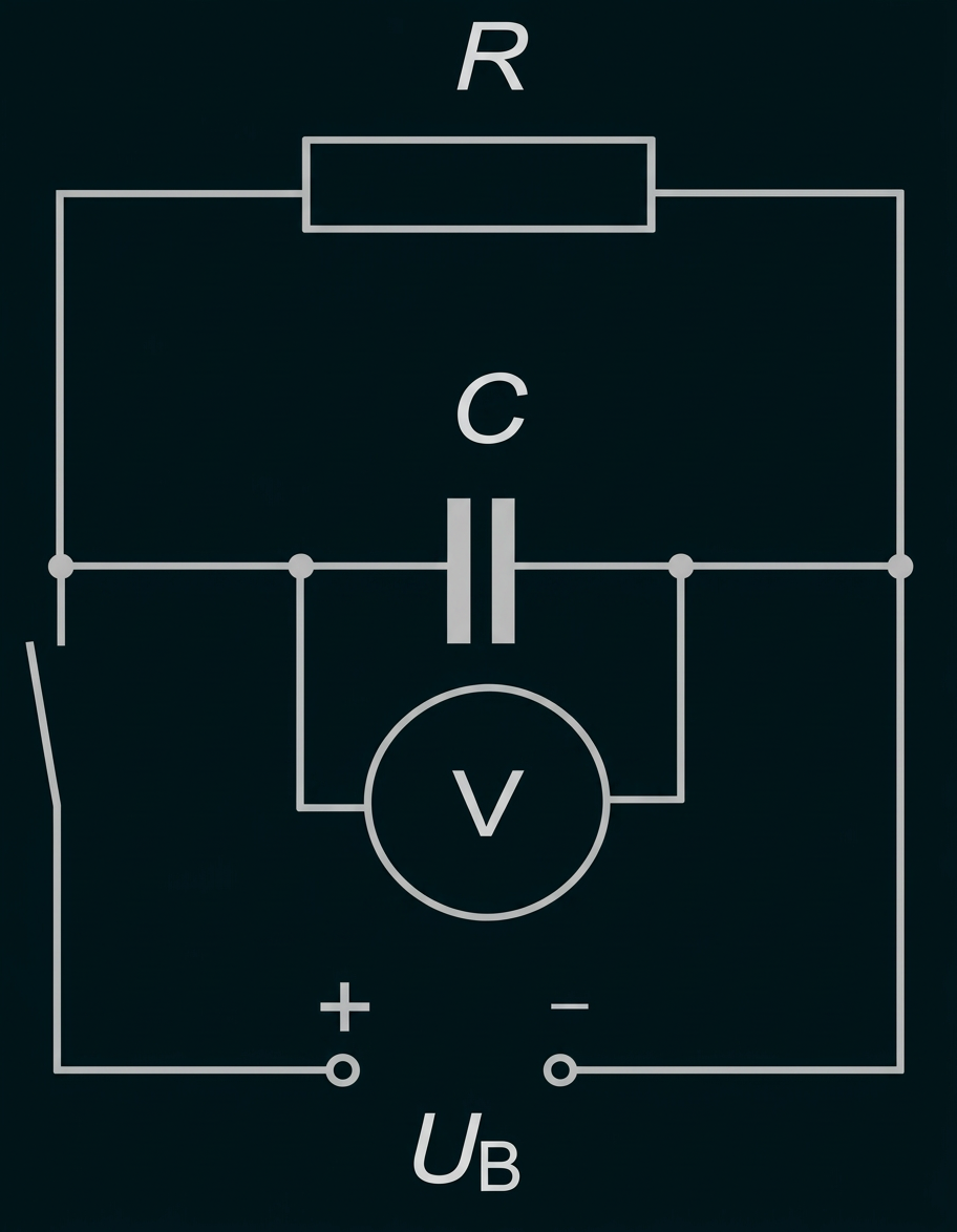 Schaltbild mit Widerstand, Kondensator, Voltmeter und Spannungsquelle.