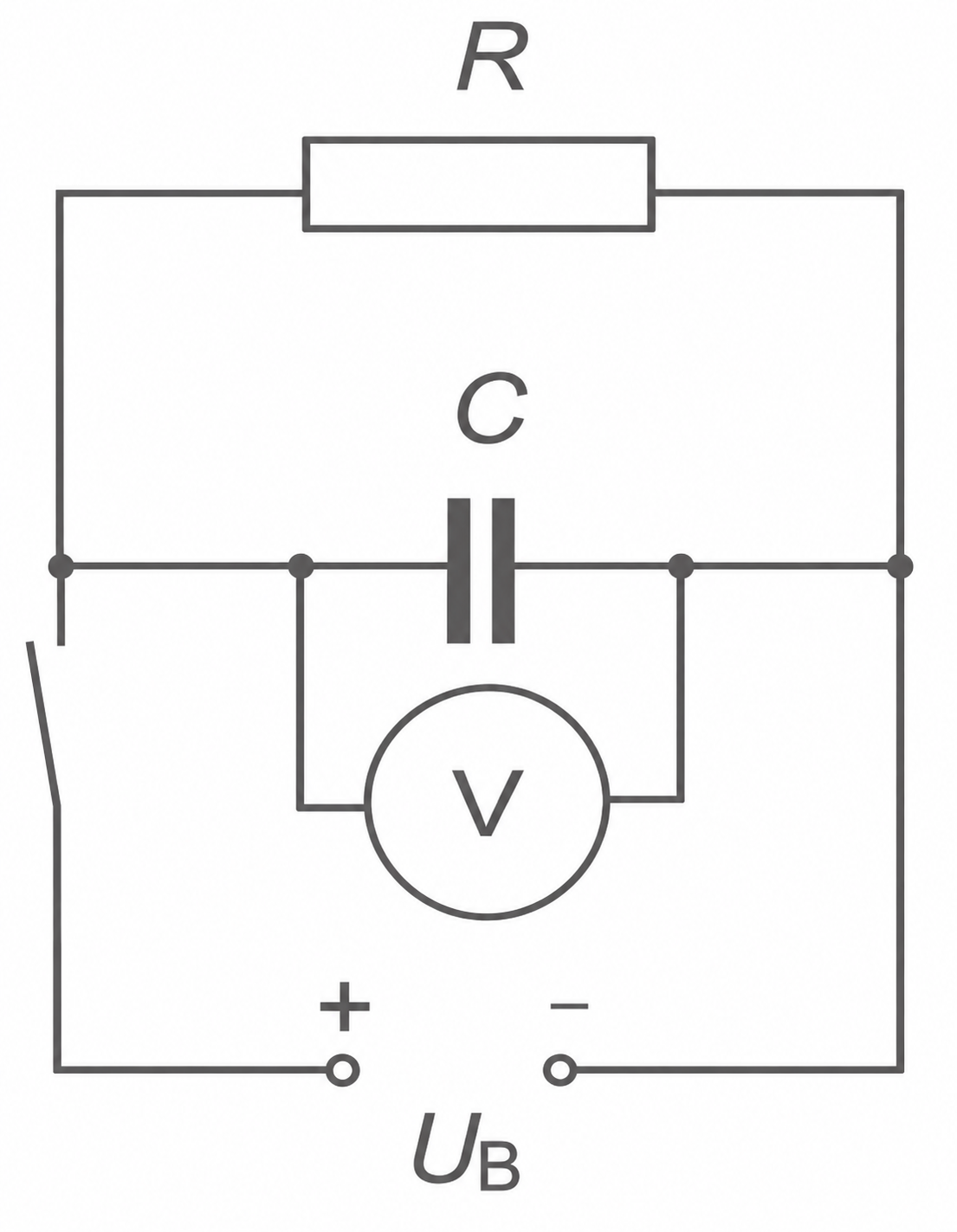 Schaltbild mit Widerstand, Kondensator, Voltmeter und Spannungsquelle.
