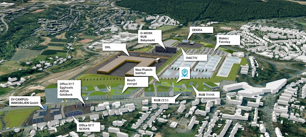 3D-Luftbild eines Campus- und Technologieparks mit beschrifteten Gebäuden, Straßen und Grünflächen