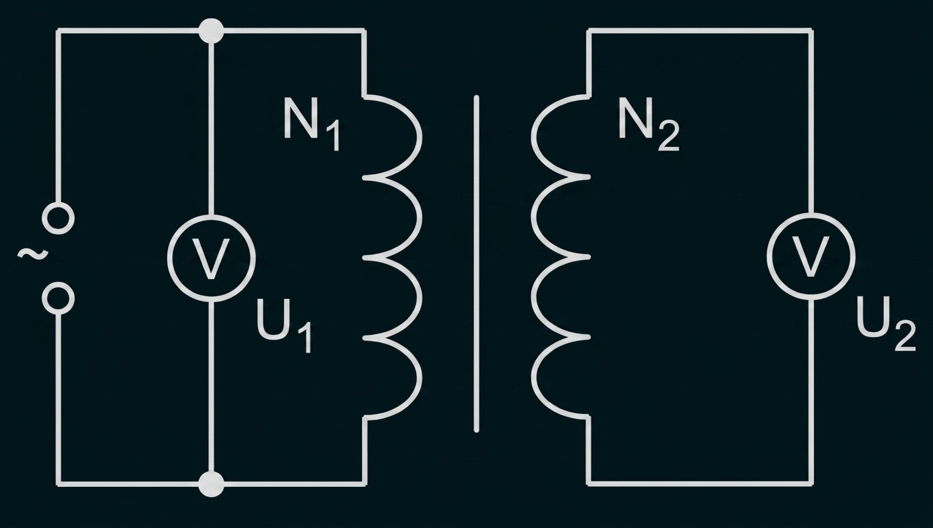 Schematischer Schaltplan eines Transformators mit Primär- und Sekundärwicklung und zwei Spannungsmessern U1, U2