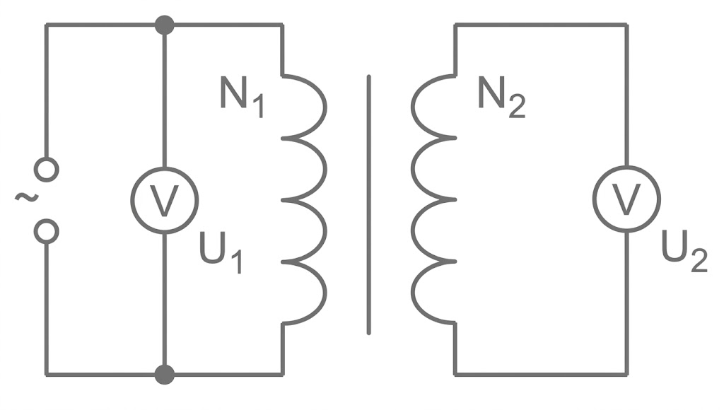 Schematischer Schaltplan eines Transformators mit Primär- und Sekundärwicklung und zwei Spannungsmessern U1, U2
