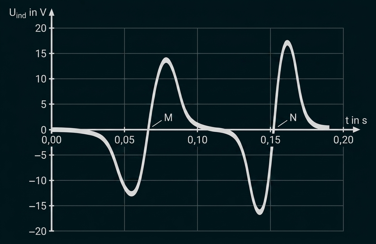 Graph: Induzierte Spannung (V) gegen Zeit (s), zwei positive Spitzen, zwei negative Täler, Punkte M und N markiert.