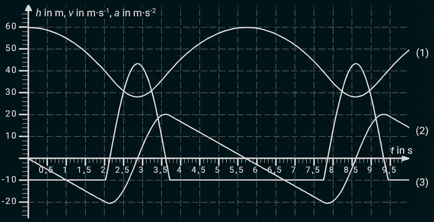Diagramm mit Gitternetz und drei beschrifteten Kurven (1), (2), (3) für h, v, a über die Zeit t in Sekunden