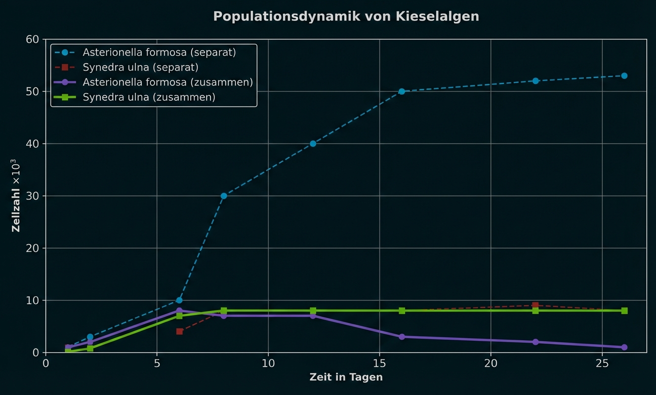 Liniendiagramm: Populationsdynamik von Kieselalgen über 26 Tage mit vier Kurven und Legende.