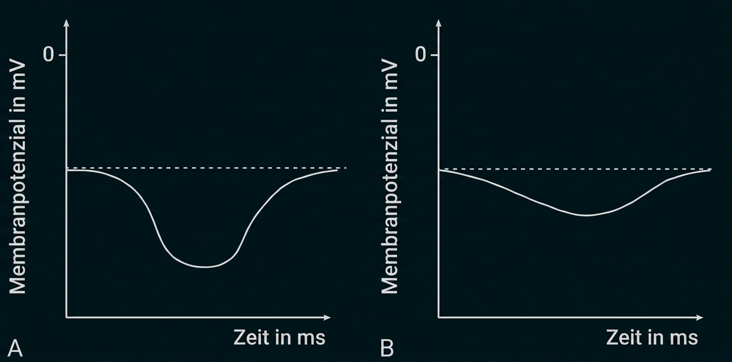 Zwei Diagramme A und B: Membranpotenzial (mV) über Zeit; A zeigt starke Einbuchtung, B eine schwächere Einbuchtung.