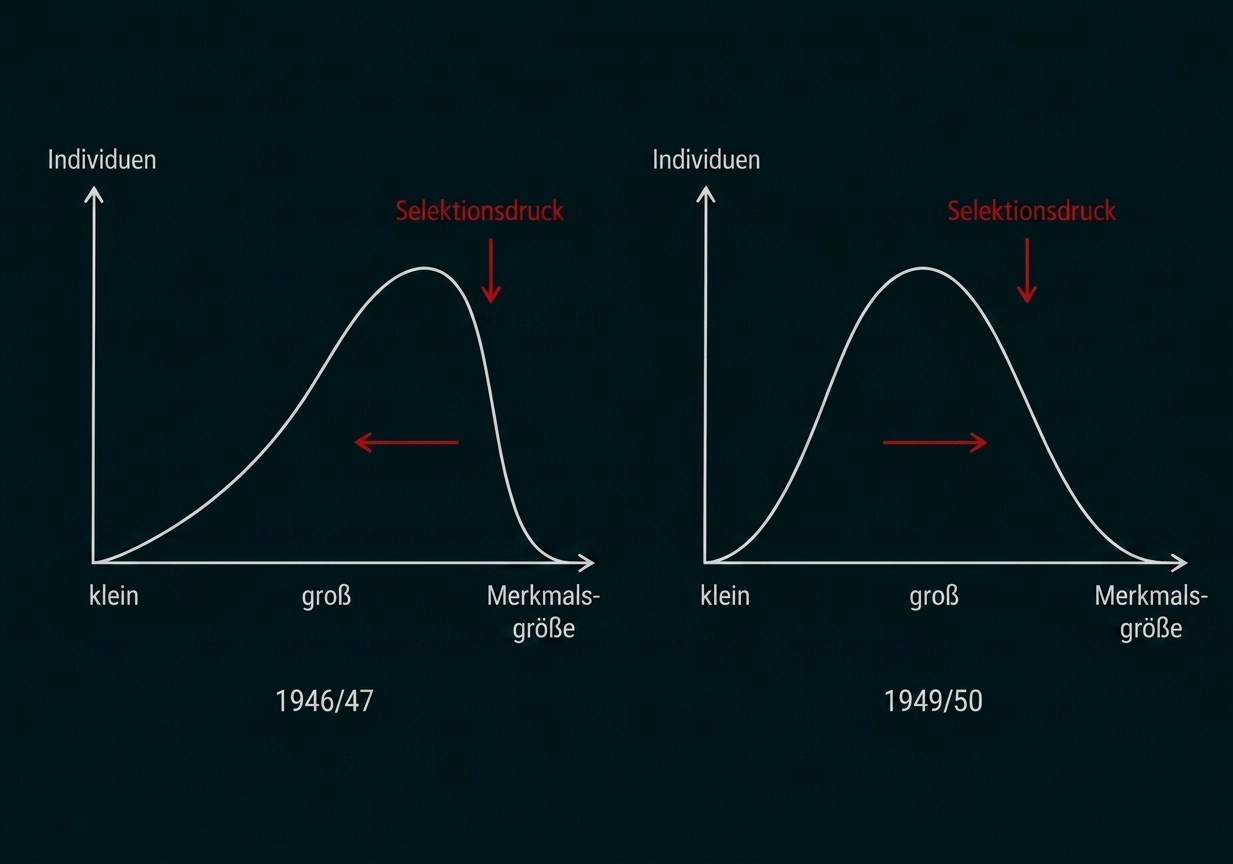 Zwei Verteilungsgraphen (1946/47, 1949/50) mit roten Pfeilen "Selektionsdruck" und Richtungspfeilen, Achsen: Individuen vs. Merkmalsgröße.
